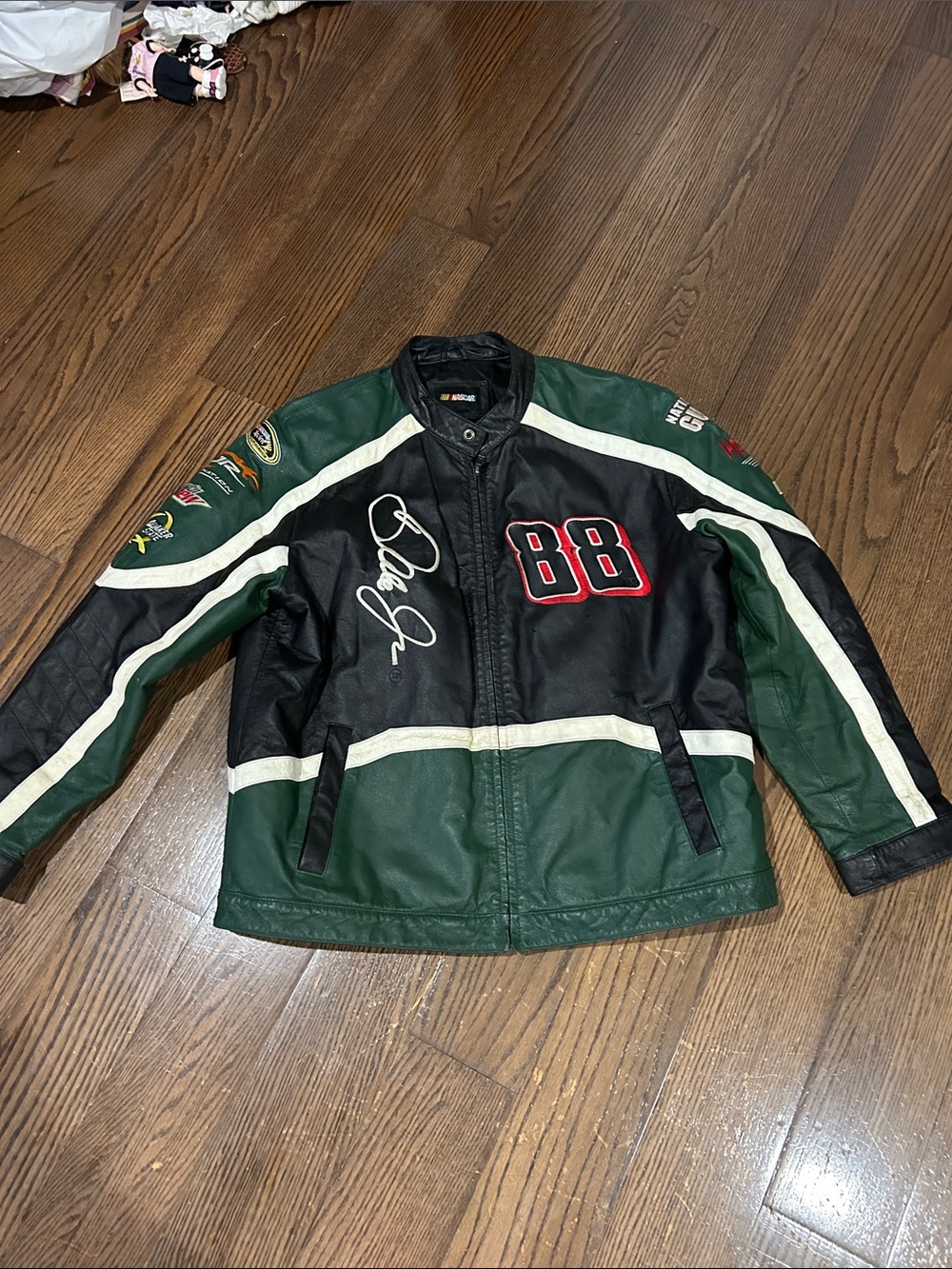 Vtg NASCAR Dale Jr. green & black #88 leather moto sponsor jacket XL